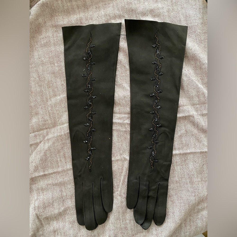 VINTAGE LONG LEATHER OPERA GLOVES EMBROIDERED MADE IN FRANCE